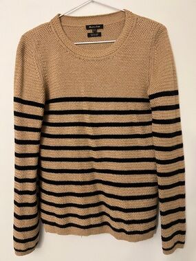 Massimo Dutti Cotton Wool Beige and Black Striped Crewneck Sweater